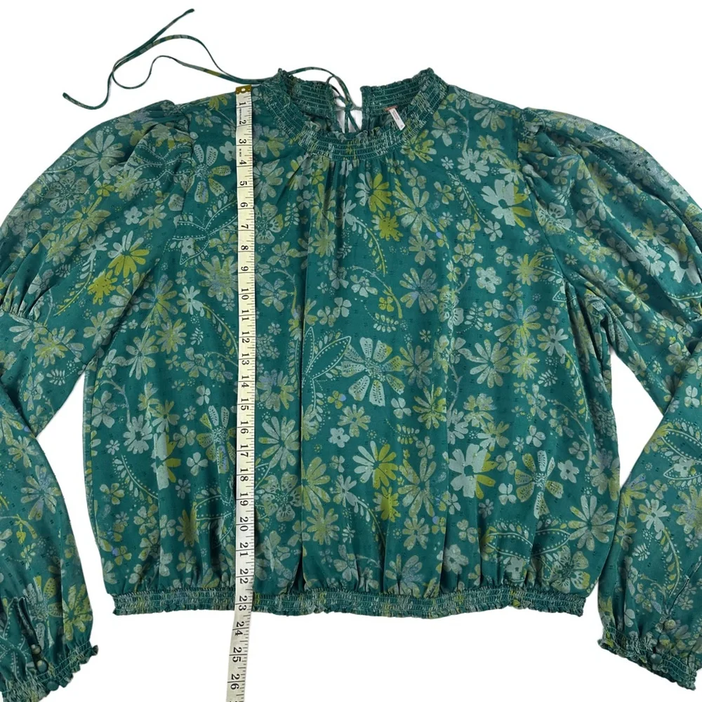 Free People Clarissa Floral Smocked Blouse Green Long Puff Sleeve Size XL